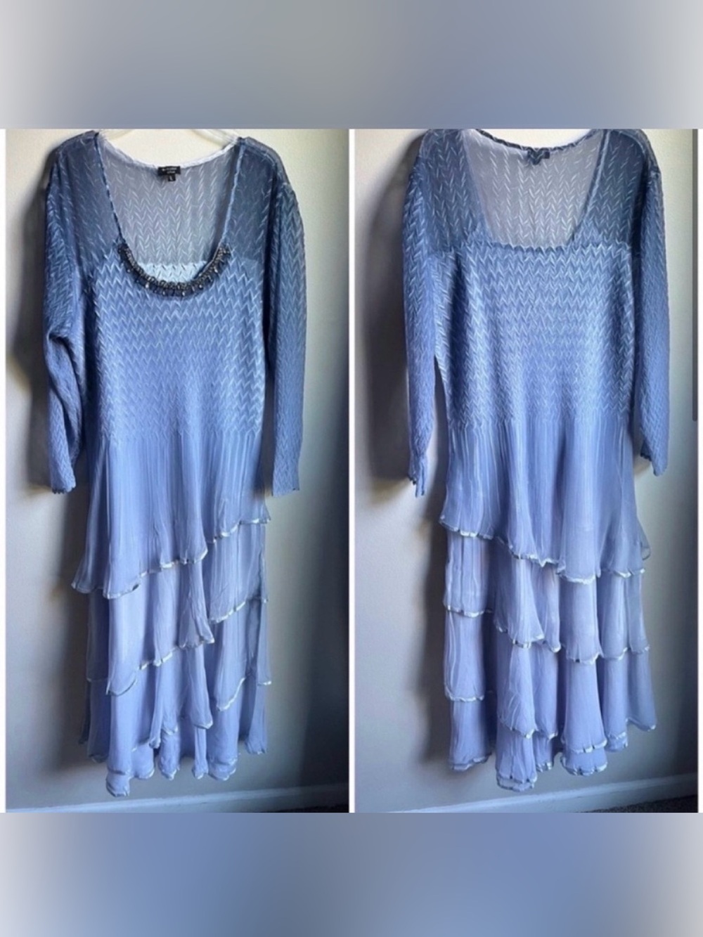 Komarov Ombre Dress with Scoop Beaded Neckline and Sheer Shoulders Tiered Large